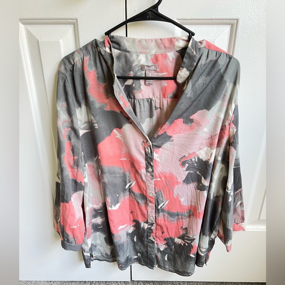 Chico's Pink and Gray Abstract Blouse